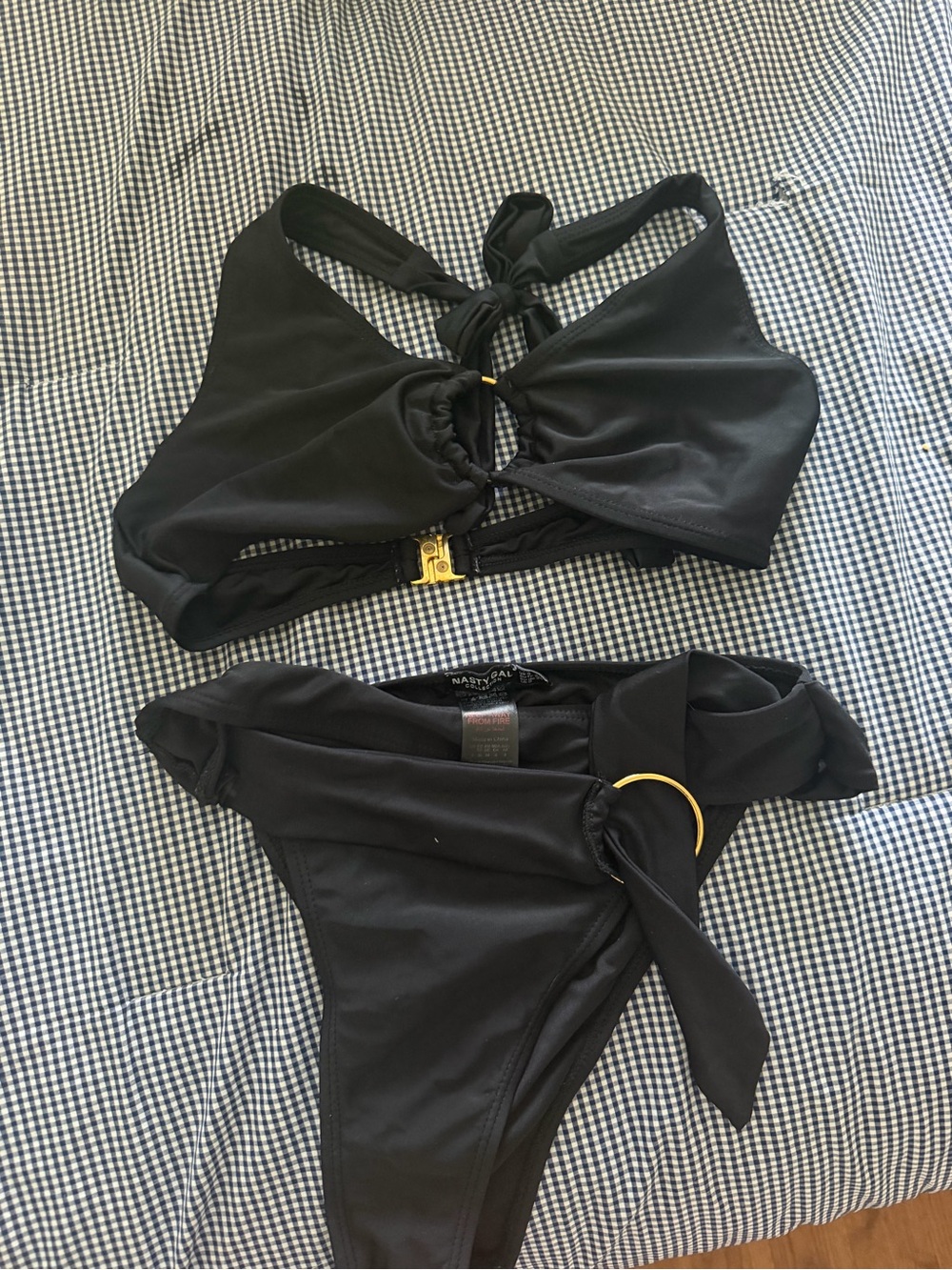 Nasty Gal Black Ring-Accent Tie Bikini Set
